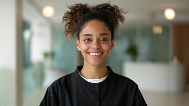 Realistic hyper-detailed portrait of a cheerful young African woman hotel staff smiling, her face reflecting her commitment and joy in ensuring guest satisfaction and comfort. Background images that