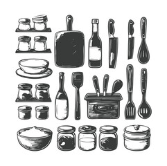 A set of kitchen utensils illustration, cookware and appliances ,generative ai