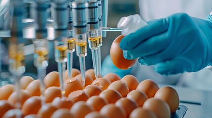 Laboratory analysis of chicken eggs in agriculture manufacturing industry with expert inspecting food quality control, conducting scientific tests in medicine and biology for safety, biotechnology res