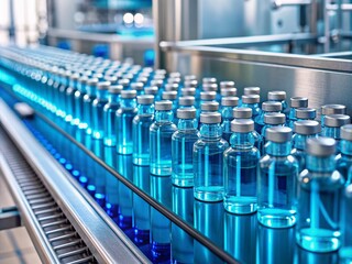 Rows of transparent vials filled with bright blue liquid glide along a modern production line in a sleek pharmaceutical factory, symbolizing innovation and vaccine development.