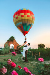Flower field with balloons On a good day in Chiang Mai, Thailand