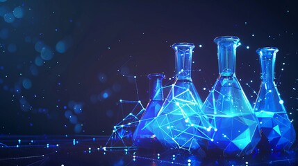 Low poly science chemical glass flasks - magical equipment polygonal triangle design - blue glowing research and future technology concept - ideal for business, medicine, and educational visuals
