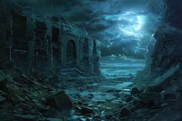 Fototapeta premium Ancient ruins of a forgotten city by the sea lie in disrepair under a full moon