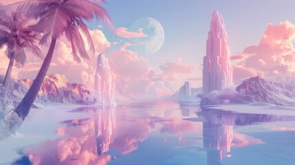 Escapism aesthetic background.Desert valley with sand dunes and mountains scene. Sunset soft light. Surrealism atmospheric installation of magic pink arch. Loneliness escape feeling.