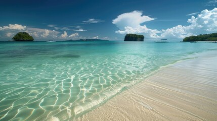 Fototapeta premium Beautiful Playa in Phuket with islands dotting the horizon and crystal clear waters