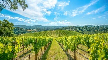 Obraz premium Beautiful vineyard scene with lush grapevines and a clear blue sky
