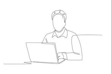 Business woman in front of laptop. African woman in business concept one-line drawing