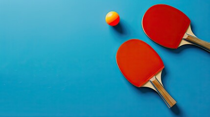 Bold red table tennis paddles and ball on vivid blue background