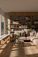 The interior design of a contemporary luxurious living room features a cozy couch and home decor.