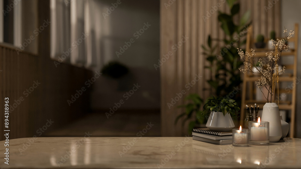 Canvas Prints a copy space for displaying products on a neutral marble tabletop in a dark room at night.