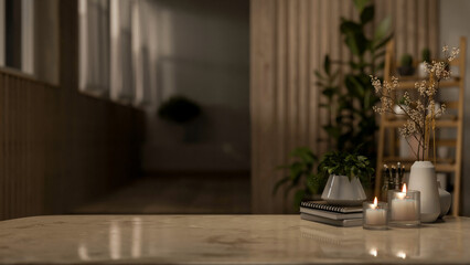 A copy space for displaying products on a neutral marble tabletop in a dark room at night.