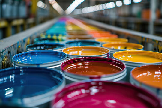 Factory for the production of paints. Jars of paint of different colors on a conveyor belt. Generated by artificial intelligence