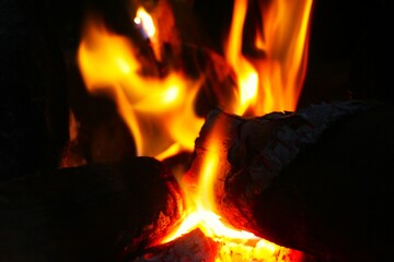 Fototapeta premium Close up of burning wood logs blazing in flames inside black wrought iron wood burning fire.
