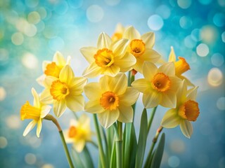 Obraz premium Soft focus minimal light blue spring background featuring a delicate arrangement of bright yellow daffodils, symbolizing hope and renewal in the new season.