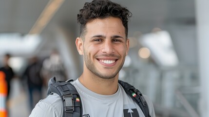 Realistic hyper-detailed portrait of a cheerful young Middle Eastern man soldier smiling, embodying his patriotism and bravery in defending his country and serving in the military. Background images