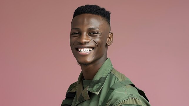 Realistic hyper-detailed portrait of a cheerful young African man soldier smiling, his face reflecting honor and commitment in his role as a protector and defender. Background images that indicate
