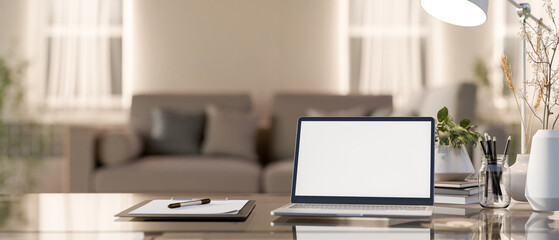 A laptop computer with a white-screen mockup on a table in a cozy living room.