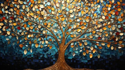 Colorful mosaic tree of life artwork . Small golden and turquoise mosaic tiles pattern forming a Tree of Life background