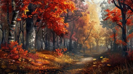 Panoramic autumn forest with vibrant foliage and a serene atmosphere