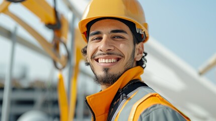 Realistic hyper-detailed portrait of a cheerful young Middle Eastern man construction worker smiling, embodying his strength and skill in building and maintaining infrastructure projects. Background