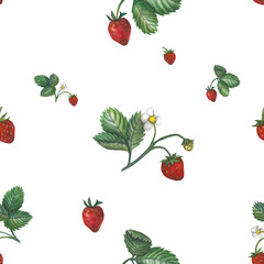 Watercolor seamless pattern of strawberries with leaves. Hand-drawn, isolated on a transparent background