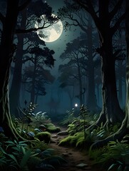 Mystical Moonlit Forest Path - Enchanting Nighttime Landscape with Full Moon and Glowing Lantern - Magical Woodland Scenery