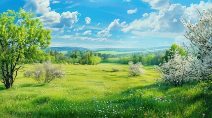 Obraz premium Panoramic rural landscape with hay bales in a field at summer sunset