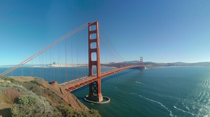 Panoramic view of the Golden Gate Bridge, highlighting its iconic structure and surroundings