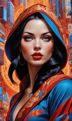 Woman in a Red and Blue Robe with a Cityscape Background.