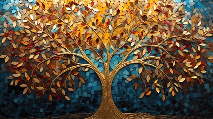 Colorful mosaic tree of life artwork . Small golden and turquoise mosaic tiles pattern forming a Tree of Life background