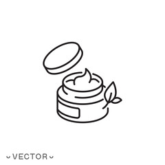 natural organic cosmetics icon, open jar, bio skin care, cream, thin line symbol isolated on white background, editable stroke eps 10 vector illustration