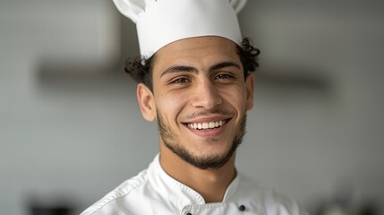 Realistic hyper-detailed portrait of a cheerful young Middle Eastern man chef smiling, highlighting his creativity and passion for preparing delicious and innovative culinary dishes. Background