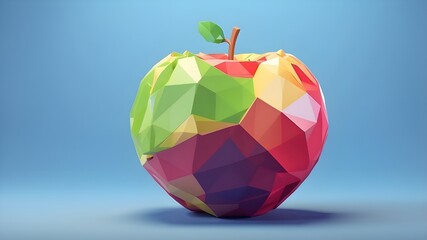 On a blue background, low poly apple fruit with a polygonal wireframe notion is displayed. AI-produced picture