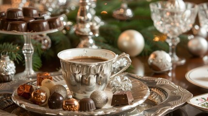 The New Year's festive table is decorated with shiny Christmas tree decorations, a lot of chocolates and gifts, aromatic coffee in a beautiful cup
