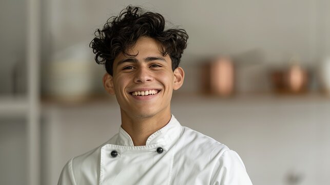 Realistic hyper-detailed portrait of a cheerful young South American man chef smiling, showcasing his culinary talent and dedication to delighting customers with his culinary creations. Background