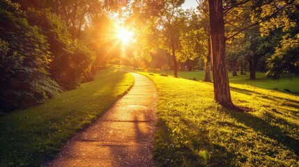 Obraz premium Scenic park path with sunbeams casting a warm glow before sunset