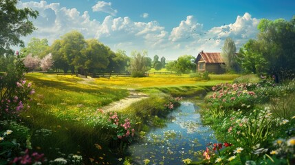 Fototapeta premium Spring landscape with blooming flowers, green fields, and a serene atmosphere