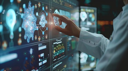 Doctor's hand operating advanced medical interface, utilizing cutting-edge technology for diagnostic analysis, patient data management, and health monitoring in a high-tech healthcare setting, emphasi