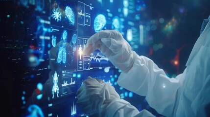 Doctor's hand operating advanced medical interface, utilizing cutting-edge technology for diagnostic analysis, patient data management, and health monitoring in a high-tech healthcare setting, emphasi