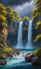 Fototapeta premium Majestic Waterfall in a Lush Forest.