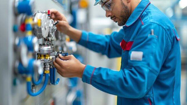 Mechanic handling hydraulic parts and checking voltage, parts and service