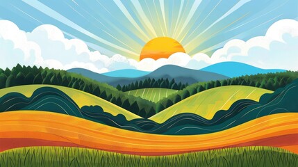 Obraz premium Vibrant summer landscape featuring rolling hills and bright sunshine