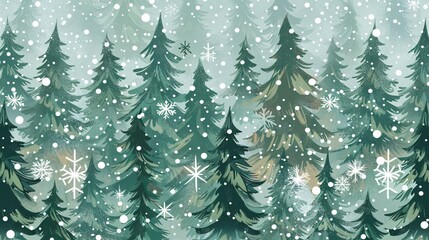 Obraz premium Seamless green winter forest with snowflakes