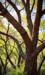 Fototapeta premium Tree Trunk Texture with Green Ferns.