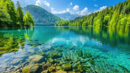 Fototapeta premium Vibrant summer view of Fusine lake with clear blue water and lush green surroundings