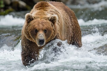 Obraz premium A majestic brown bear fishing for salmon in a fast-flowing river. 