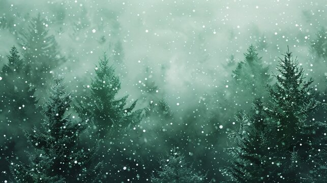 Seamless green winter forest with snowflakes