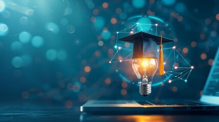 Graduation Cap Lightbulb on Laptop with Network Connection