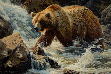 Obraz premium A majestic brown bear fishing for salmon in a fast-flowing river. 
