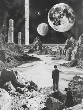 Surreal black-and-white landscape with a man gazing at multiple moons over a rocky desert, blending cosmic elements with terrestrial scenery.